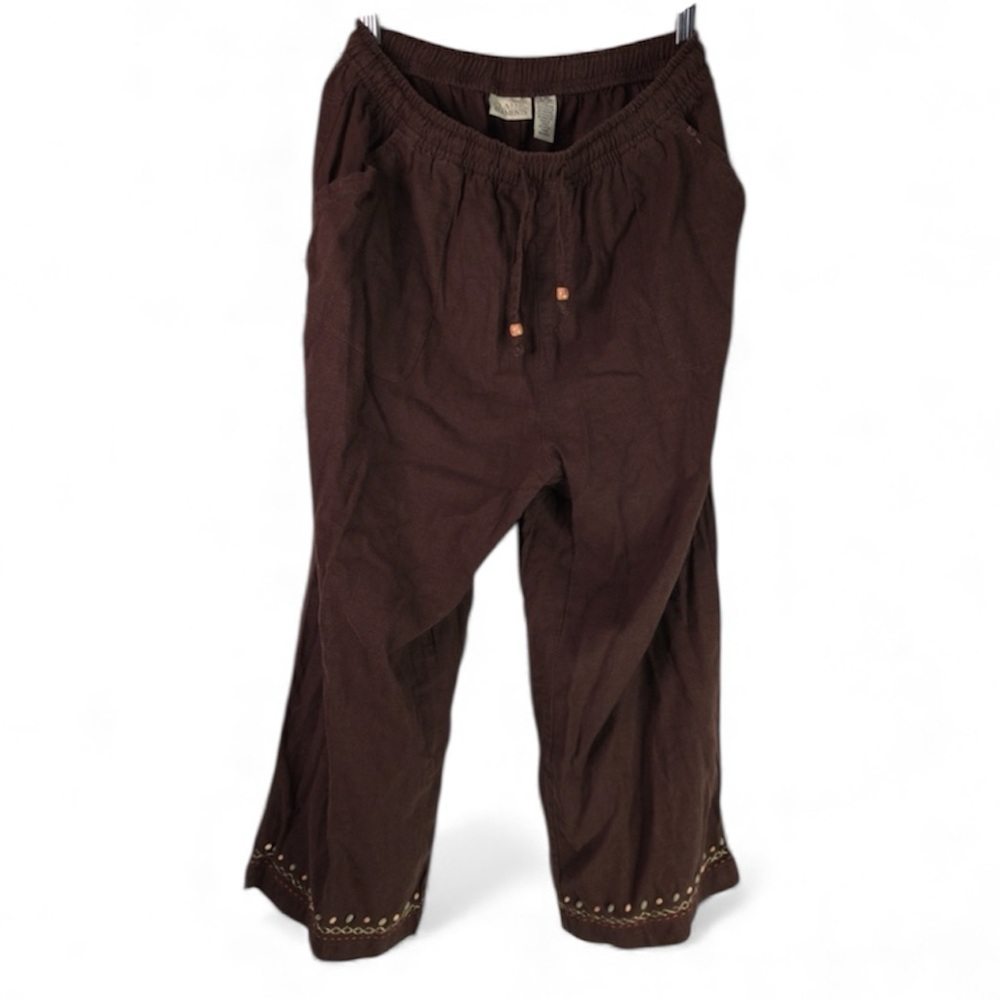 Classic Elements Pants Women’s L Brown Linen Vintage Embroidered Cropped Stretch